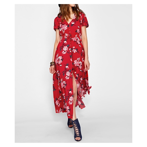 Red Floral Button Down Short Sleeve Maxi Dress - Picture 3 of 5